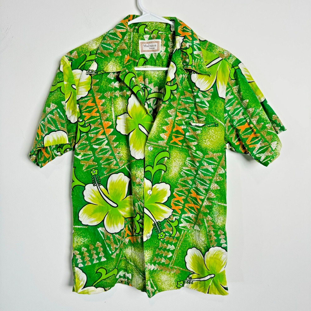 Maluna Hawaii Mens Green Cotton Vintage Hibiscus Aloha Shirt - Picture 1 of 8